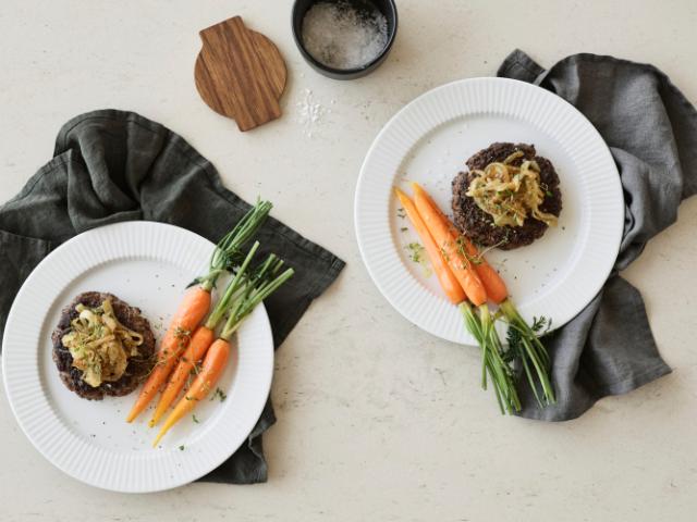 Danish beef patties with caramelised onions