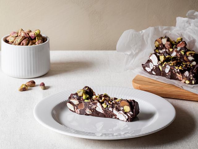 Rocky Road with Pistachio Nuts, Caramelised Almonds and Marshmallows